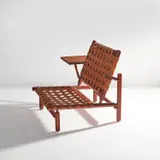 Ilmari Tapiovaara, Lounge chair with integrated table, designed 1957, Teak, leather, brass