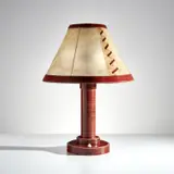 French (?), Table lamp, 1960s, Leather, brass, plastic, parchment