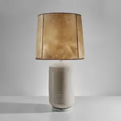 Hugo Velásquez, Table lamp, from Casa Prieto Lopez, Mexico City, designed by Luis Barragán, 1960s, Glazed earthenware, parchment and leather shade