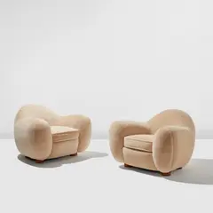 Jean Royere, Pair of "Boule" also known as "Ours polaire" armchairs, circa 1942, Fabric upholstery, oak