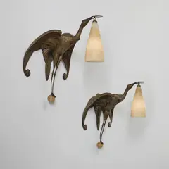 Albert Cheuret, Pair of "Cigognes" wall lights, circa 1925, Silvered bronze, alabaster
