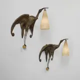 Albert Cheuret, Pair of "Cigognes" wall lights, circa 1925, Silvered bronze, alabaster