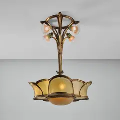Eugène Vallin, Important ceiling light, circa 1905, Molded dichroic and blown glass, gilt bronze