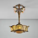 Eugène Vallin, Important ceiling light, circa 1905, Molded dichroic and blown glass, gilt bronze