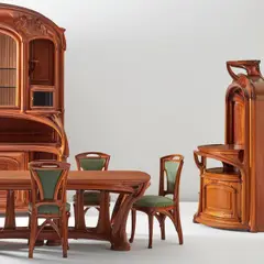 Eugène Vallin, Important dining suite, circa 1905, Mahogany, walnut, patinated bronze, fabric upholstery, silk, glass