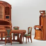 Eugène Vallin, Important dining suite, circa 1905, Mahogany, walnut, patinated bronze, fabric upholstery, silk, glass