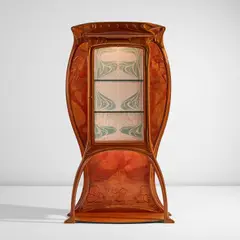 Léon Cauvy, Illuminated vitrine, 1902, Mahogany, leather, hand-painted silk, brass