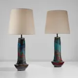 Pierre-Adrien Dalpayrat, Pair of vases, mounted as table lamps, circa 1897, Glazed stoneware, walnut, fabric shades