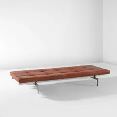 Daybed, model no. PK 80 by Poul Kjærholm, circa 1957, Chromium-plated steel, painted wood, leather upholstery, offered Dec 2024