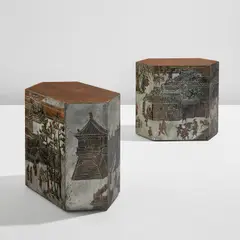 Philip LaVerne and Kelvin LaVerne, Pair of "Spring Festival" side tables, 1960s, Acid-etched, enameled, and patinated bronze
