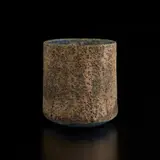 Vase with oval lip by Lucie Rie, 1976, Stoneware, pitted light and blue ochre glaze over a body with diagonally textured panels, sold Dec 2024