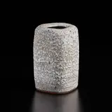 Squared vase by Lucie Rie, circa 1966, Stoneware with manganese speckle, pitted and flowing white glaze, sold Dec 2024