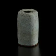 Squared vase by Lucie Rie, circa 1973, Stoneware with manganese speckle, pitted and flowing light blue glaze, sold Dec 2024