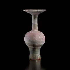 Vase with flaring lip by Lucie Rie, circa 1976, Mixed clays with manganese speckle producing an integral pitted pink, turquoise and grey spiral beneath the glaze, sold Dec 2024