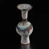 Lucie Rie, Bottle vase with flaring lip, 1985, Stoneware, grey and blue glaze with running golden manganese bands and inlaid shoulder and lip