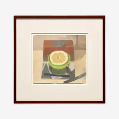 Susan Jane Walp, Cut Open Grapefruit in Green Dish with Bricks, Shell, Knife, and Photocopy, 2022, oil on paper