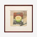Susan Jane Walp, Cut Open Grapefruit in Green Dish with Bricks, Shell, Knife, and Photocopy, 2022, oil on paper