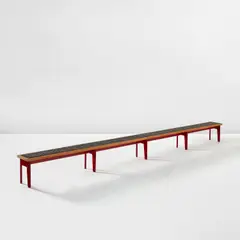 Jean Prouvé and Henri Prouvé, Long bench, from the Sterenden Moor villa, Saint Briac, 1950, Painted steel, ash, Villeroy & Boch glazed ceramic tiles, cement