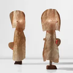Minjae Kim, Pair of unique table lamps, 2022, Resin-coated fiberglass, bamboo, oak, painted plaster