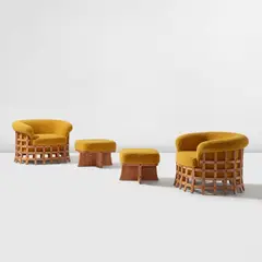 Giancarlo Valle, Pair of "Cage" armchairs and ottomans, 2020, Oak, fabric upholstery