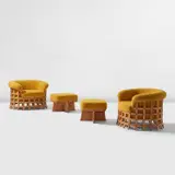 Giancarlo Valle, Pair of "Cage" armchairs and ottomans, 2020, Oak, fabric upholstery
