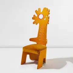 Terence Main, "Golden Boy" armchair, 1989, Painted plywood, fabric upholstery