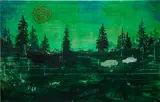 Michael Raedecker, south from tomorrow, 2021–2022, laser printer pigment transfer, dispersion, acrylic, beads and thread on canvas