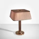 Table lamp, model no. 5066 by Paavo Tynell, circa 1950, Brass, brass-plated steel, teak, fabric shade, sold Feb 2023