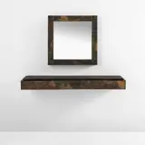 "Patchwork" mirror, model no. PE-18, and wall-mounted shelf, model no. PE-17 by Paul Evans, circa 1968, Painted and patinated steel, bronze, cleft slate, mirrored glass, sold Feb 2023