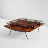 Ico Parisi, Rare coffee table, model no. 2183, from the "Modern by Singer" series, circa 1956, Walnut, walnut-veneered wood, brass, glass