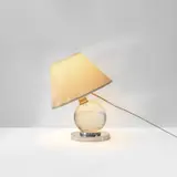 Jacques Adnet, Adjustable table lamp, model no. 7706, circa 1930, Crystal, nickel-plated bronze, fabric shade