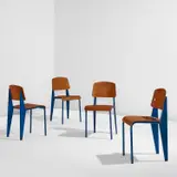 Set of four “Semi-Metal” chairs, model no. 305 by Jean Prouvé, designed 1950, produced 1950-1969, Painted steel, beech-veneered plywood, sold Jun 2023