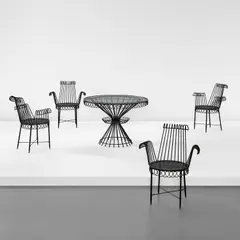 "Cap d'Ail" table and set of four armchairs by Mathieu Matégot, circa 1952, Painted steel, glass, sold Jun 2023