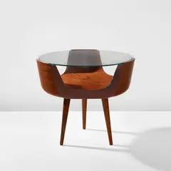 Martin Eisler, Side table, 1950s, Teak, beech, glass