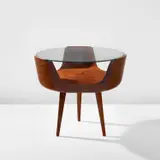 Martin Eisler, Side table, 1950s, Teak, beech, glass