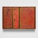 Doyle Lane, Clay painting, circa 1965, Glazed earthenware, oak