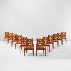 Claggett Wilson, Set of twelve dining chairs, circa 1930, Birds-eye maple and satinwood-veneered wood, fabric upholstery