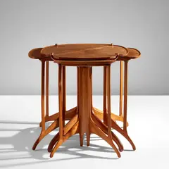 Eugène Gaillard, Set of five nesting tables, circa 1913, Maple, burl walnut-veneered wood