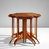 Eugène Gaillard, Set of five nesting tables, circa 1913, Maple, burl walnut-veneered wood