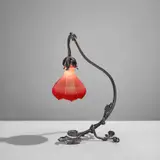 Émile Gallé, Table lamp, circa 1900, Cased and acid-etched glass, patinated wrought iron