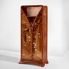 Louis Majorelle, "La Cascade" cabinet, 1899, East Indian rosewood, Macassar ebony, walnut, olive wood, mahogany, oak, lacewood, and mother of pearl marquetry-veneered wood, fabric