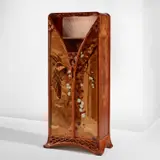 Louis Majorelle, "La Cascade" cabinet, 1899, East Indian rosewood, Macassar ebony, walnut, olive wood, mahogany, oak, lacewood, and mother of pearl marquetry-veneered wood, fabric