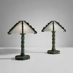 Louis Cane, Pair of "David" table lamps, 2014, Patinated bronze, sandblasted glass