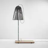 Studio Wieki Somers, "Jin (Compassion)" floor lamp, from the "Mitate" collection, 2013, Nuno fabric, fiberglass, steel, aluminum, cord, tulip wood, feather, plastic fishing lure