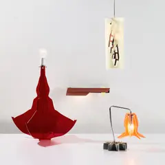 Four "Subscription" lamps by Jorge Pardo, produced 2003-2008, Acrylic, chromium-plated bass, pebbles, painted MDF, balsa wood, sold Jul 2023