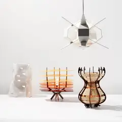 Jorge Pardo, Four "Subscription" lamps, produced 2003-2008, Acrylic, painted plywood, plastic, perforated wood veneer