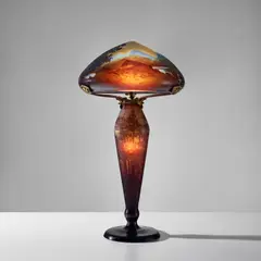 Établissements Gallé, Landscape table lamp, circa 1925, Overlaid and acid-etched glass, gilt bronze
