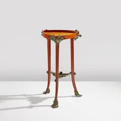 French (?), "Nénuphars" gueridon, circa 1903, Mahogany with lacewood, Honduran rosewood, wenge, maple, walnut, pearwood, and elm marquetry-veneered wood, patinated bronze
