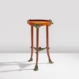 French (?), "Nénuphars" gueridon, circa 1903, Mahogany with lacewood, Honduran rosewood, wenge, maple, walnut, pearwood, and elm marquetry-veneered wood, patinated bronze
