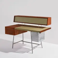 "Home Office Desk," model no. 4658 by George Nelson, circa 1946, Walnut-veneered wood, painted leather-covered wood, chromium-plated steel, sold Jul 2023